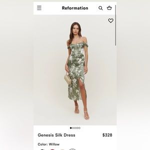 Reformation silk genesis dress in willow. Size 10